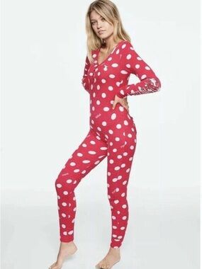 Victorias Secret Pink One Piece Pajama Bling Cozy Sleep Pin Up Red Dots Medium